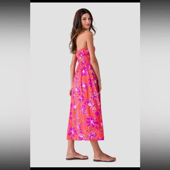 NWT By Together Maui Strapless Dress Orange Pink Floral Midi Small - Picture 6 of 7